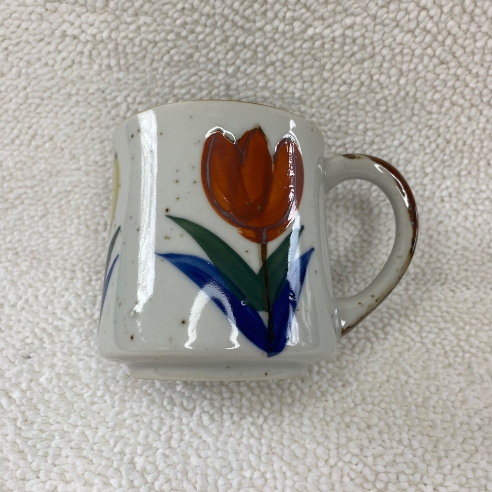 Vintage Speckled Stoneware Coffee Mug Hand Painted Floral Tulip Design Cream